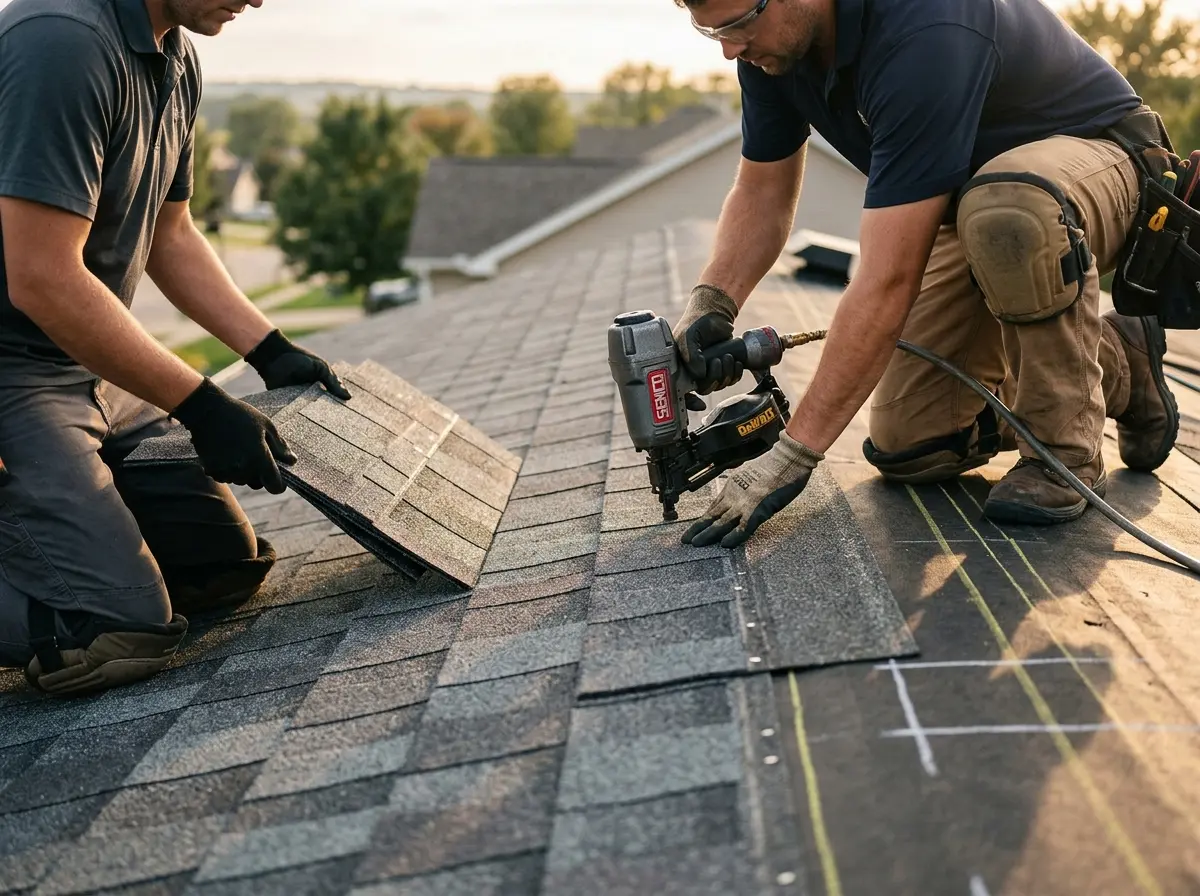 Professional roofer working on a residential roof in Santa Teresa